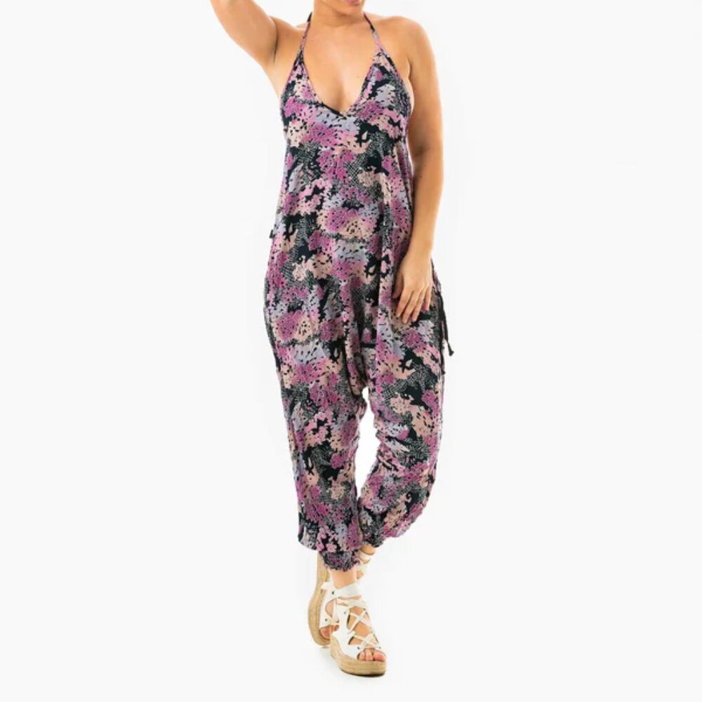 Buddha Pants Womens Lightweight Cotton Digital Rainbow Harem Jumpsuit Purple